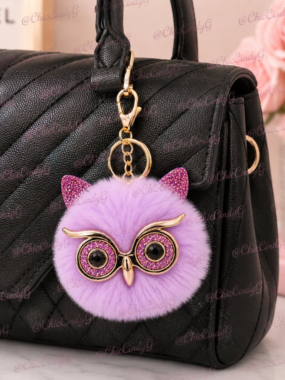 Fluffy Pom Pom Owl with Glasses Keychain or Handbag Charm Purple🦉 - Picture 3 of 4